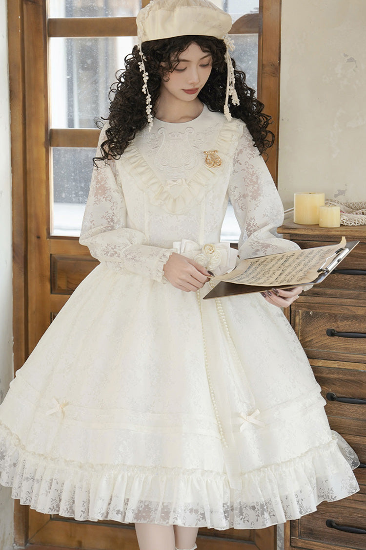 Ivory Flower Sound Long Sleeves Ruffle Cardigan Bowknot Lace Sweet Lolita Dress