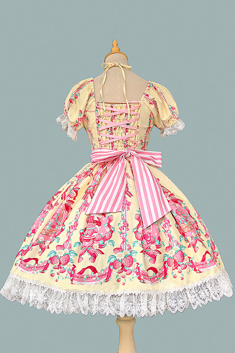 Strawberry Chef Short Sleeves Print Bowknot Lace Sweet Lolita Dress 4 Colors