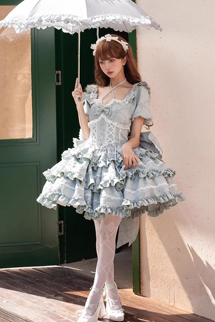 Mint Square Collar Short Sleeves Triple-Layered Ruffle Bowknot Sweet Lolita Dress