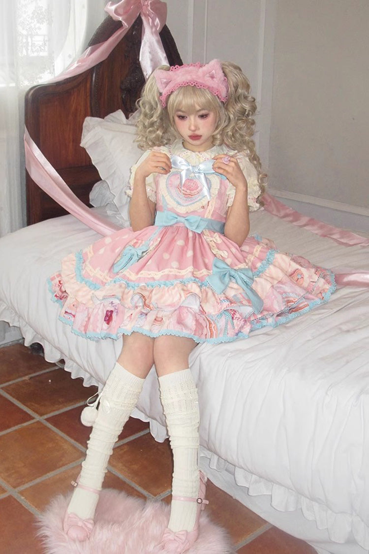 Pink Multi-layer Frosted Sugar Sweetheart Print Bowknot Sweet Lolita Jsk Dress