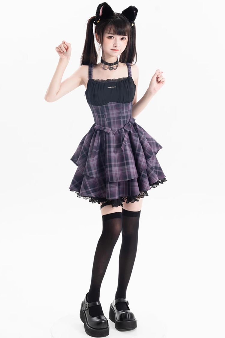 Purple Magic Cat Double-Layered Stripe Print Bowknot Sweet Lolita Jumper Dress