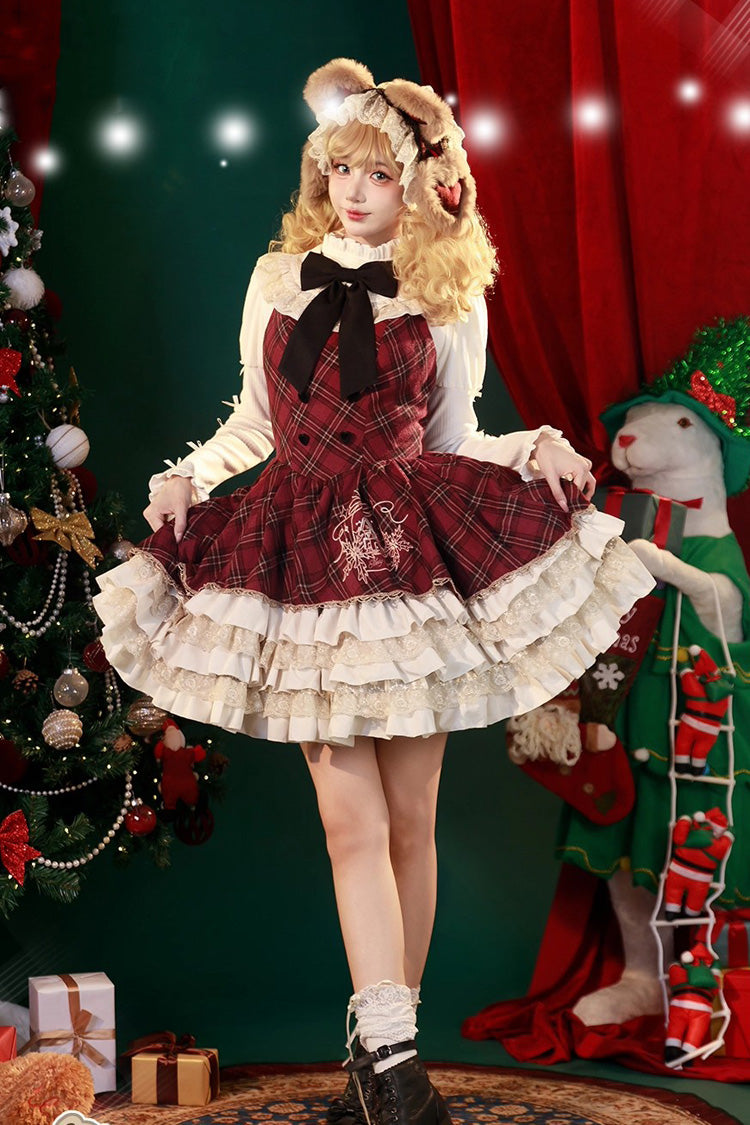 Red Chestnut Bear Cocoa Multi-Layered Christmas Plaid Print Ruffle Bowknot Sweet Lolita Jsk Dress Cloak