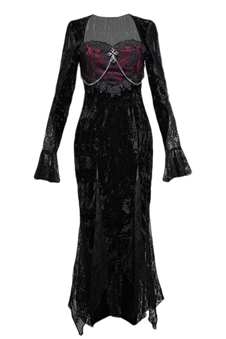 Black/Red Rose Cemetery Long Sleeves Lace Slim Gothic Lolita Fishtail Dress