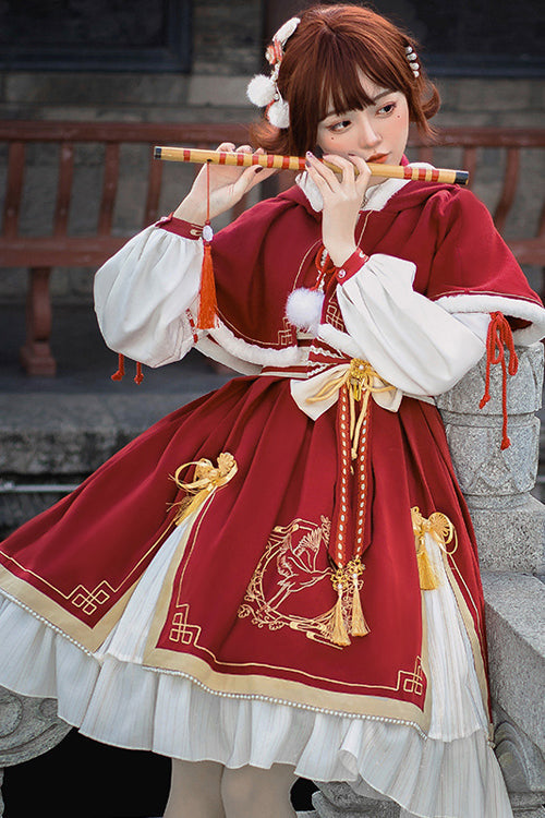 Red Chinese New Year Golden Crane Print Long Sleeve Sweet Lolita OP Dress