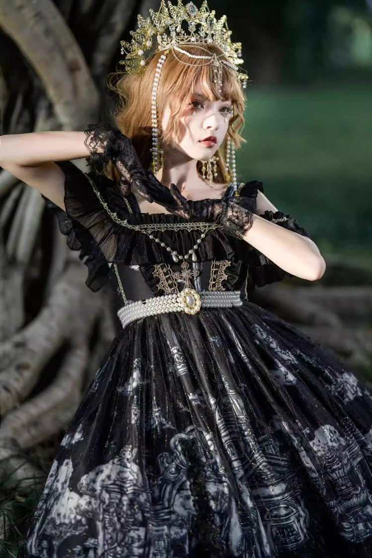 Black Castle Feast Print Ruffle Bowknot Gothic Princess Lolita Jsk Dress