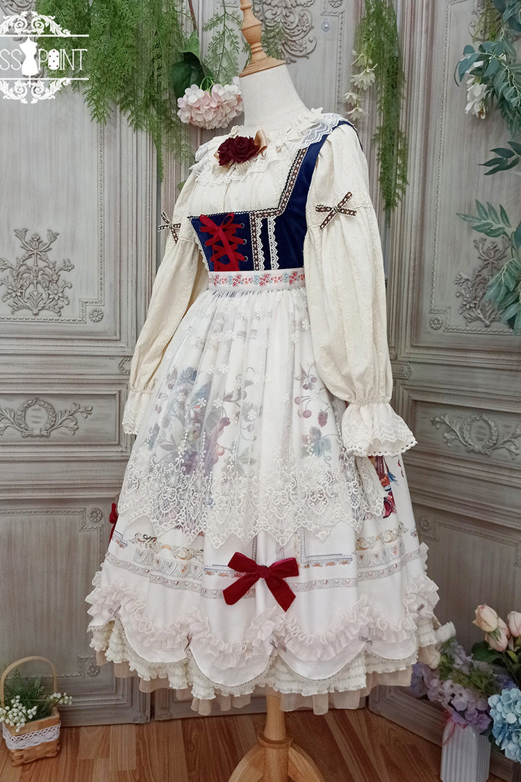 Ivory Ode to Plenty Berries and Birds Print Ruffle Bowknot Velvet Classic Lolita Breast Support Jsk Dress