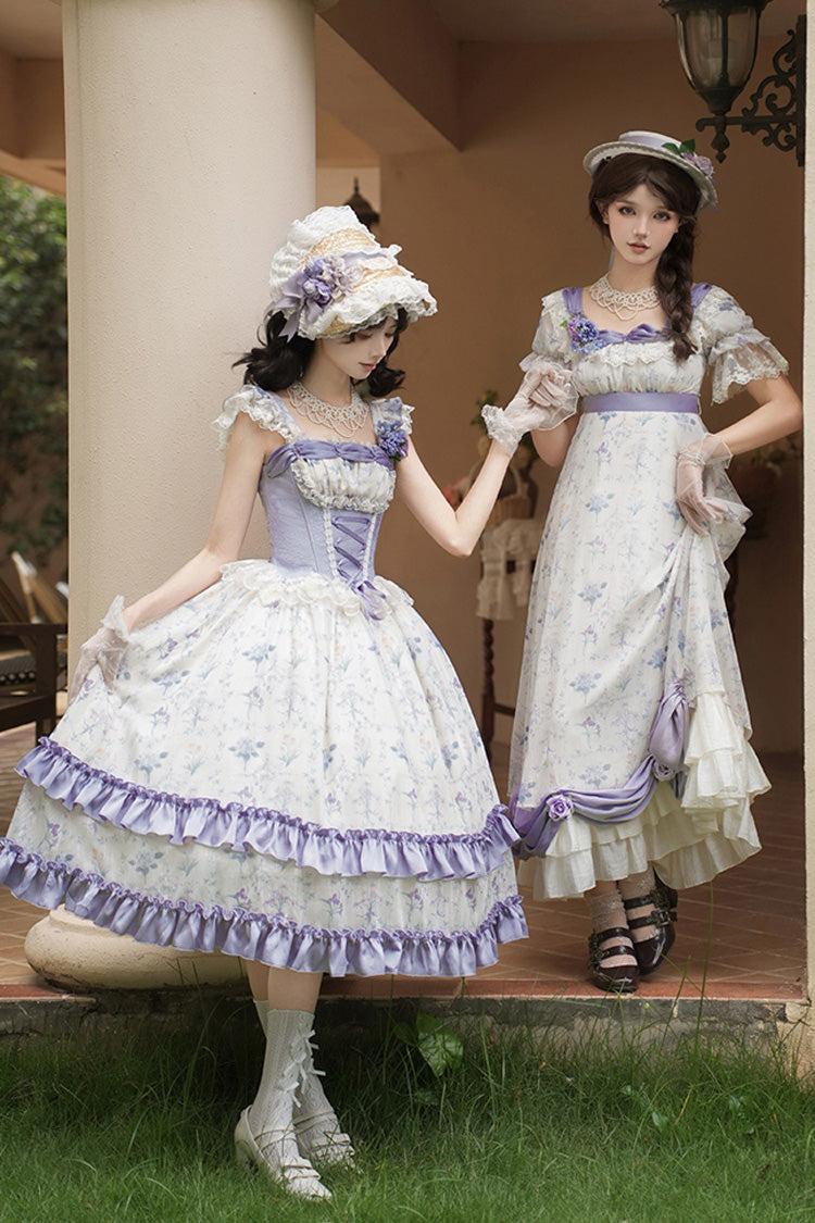 Purple/Ivory Iris Secrets Short Sleeves Double-Layered Print Ruffle Bowknot Lace-Up Sweet Lolita Dress