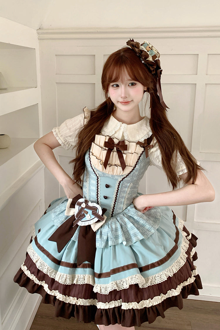 Green/Brown Mint Chocolate Sleeveless Triple-Layered Ruffle Bowknot Sweet Lolita Jsk Dress