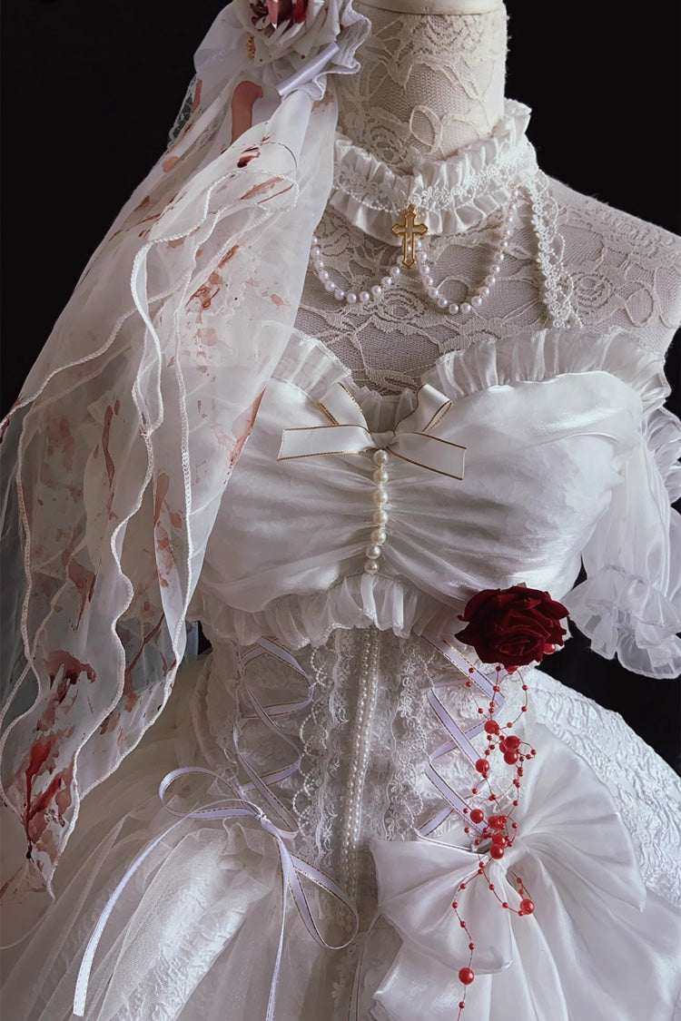 White Blood Kiss Bride Halterneck Multi-Layered Ruffle Hanayome Bowknot Lace Gothic Lolita Jsk Dress