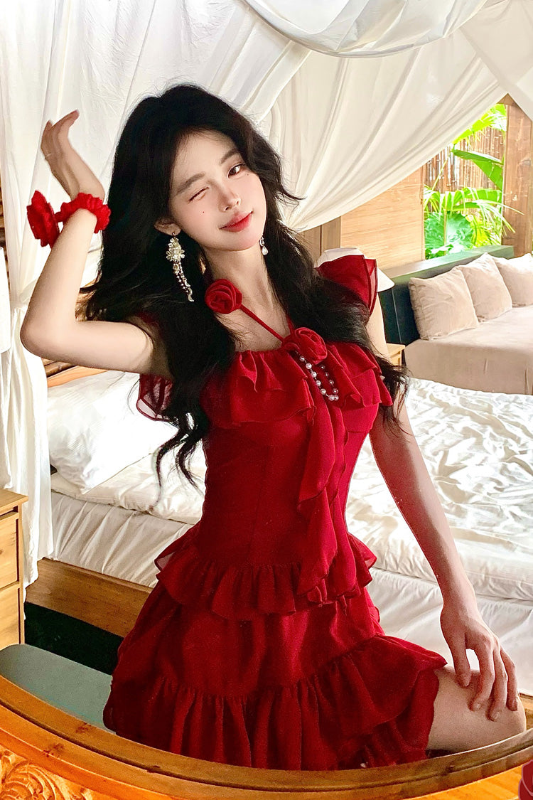 Red Summer Seaside Short Sleeves Triple-Layered Ruffle Bowknot Irregular Holiday Style Sweet Lolita Dress