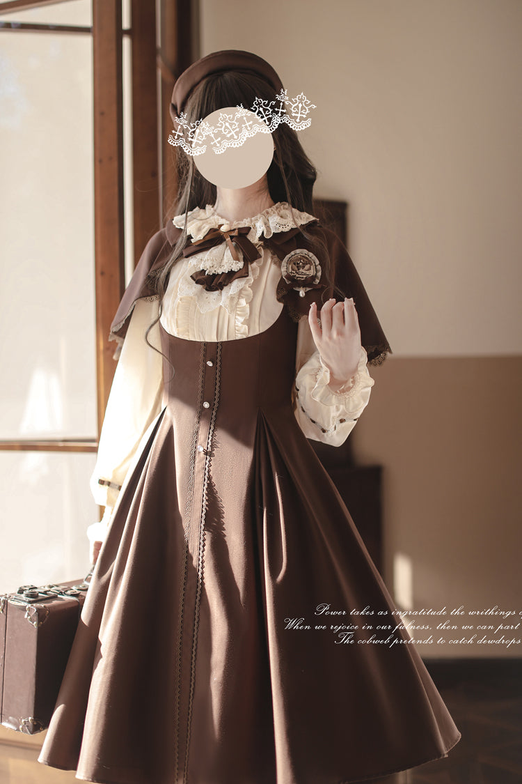 Brown/White Sunset Academy Long Sleeves Ruffle Bowknot Fake Two Pieces Vintage College Style Elegant Lolita Dress