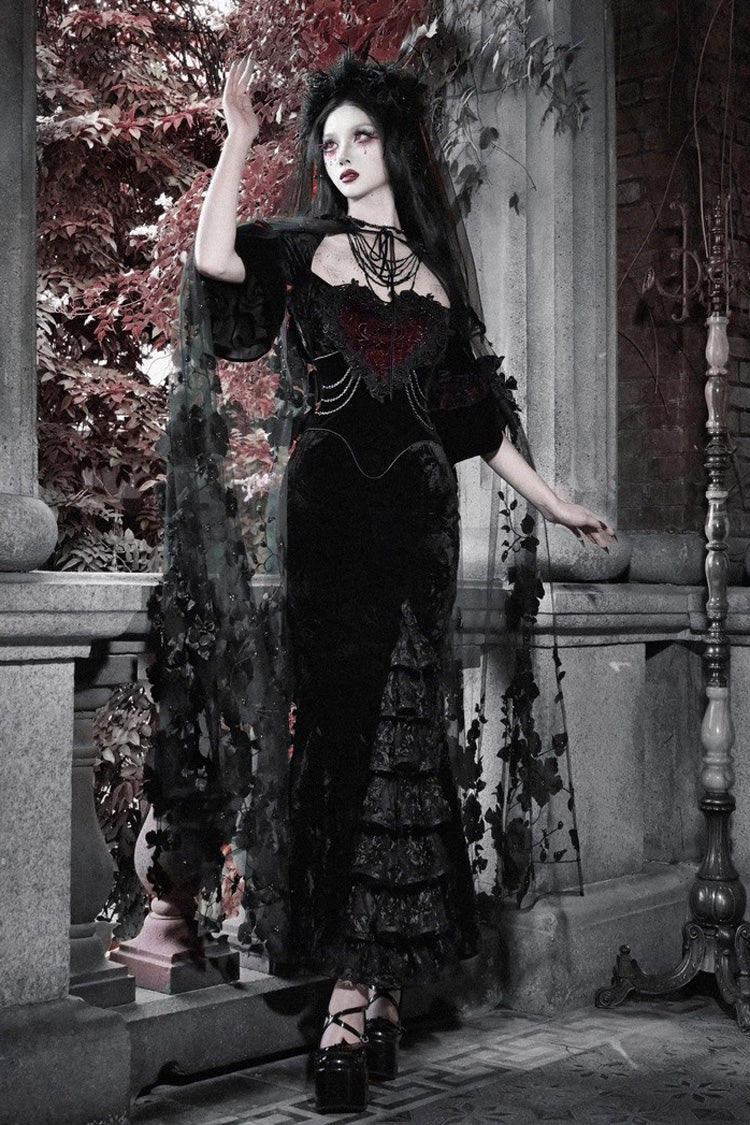 Black Castle of Dark Romance Square Collar Short Sleeves Multi-Layered Ruffled Embroidered Open-Front Lace Gothic Lolita Mermaid Dress