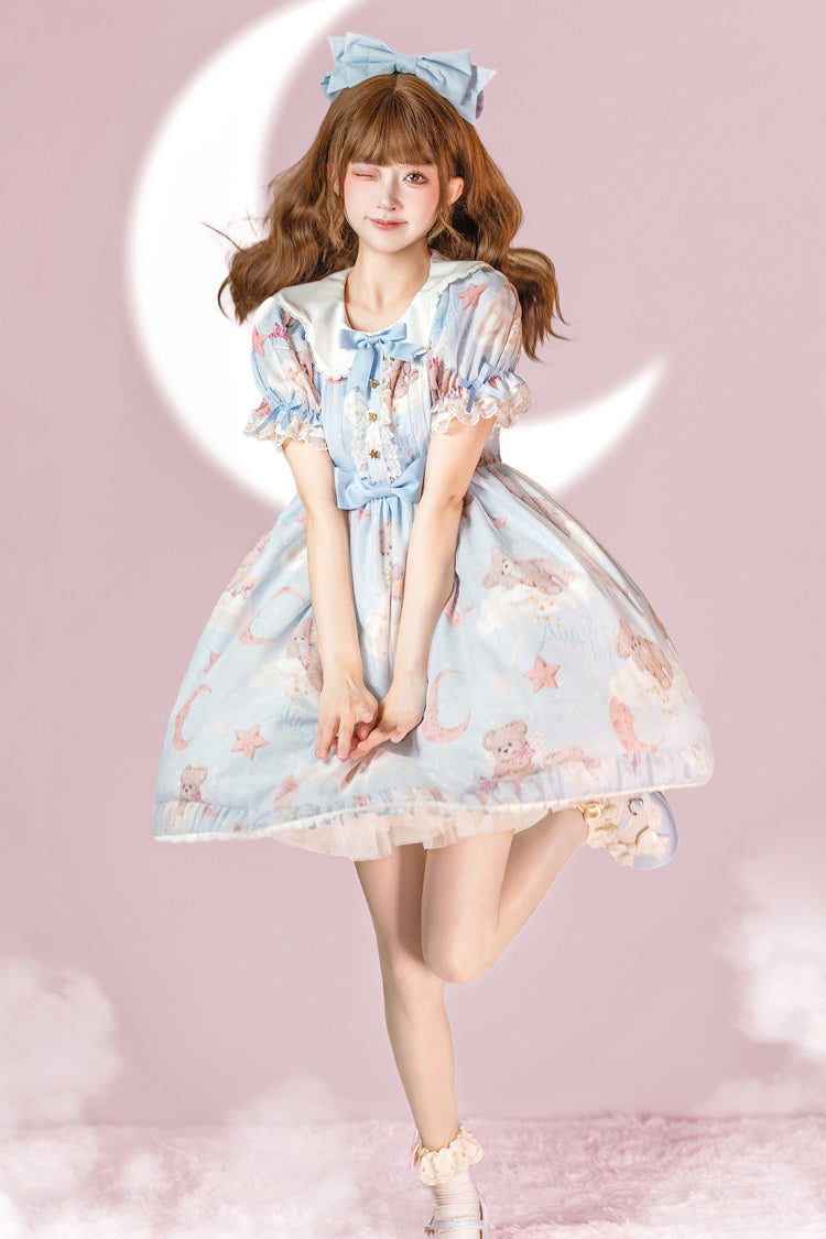Star Wishing Bear Print Short Sleeves Bowknot Sweet Lolita Dress 2 Colors