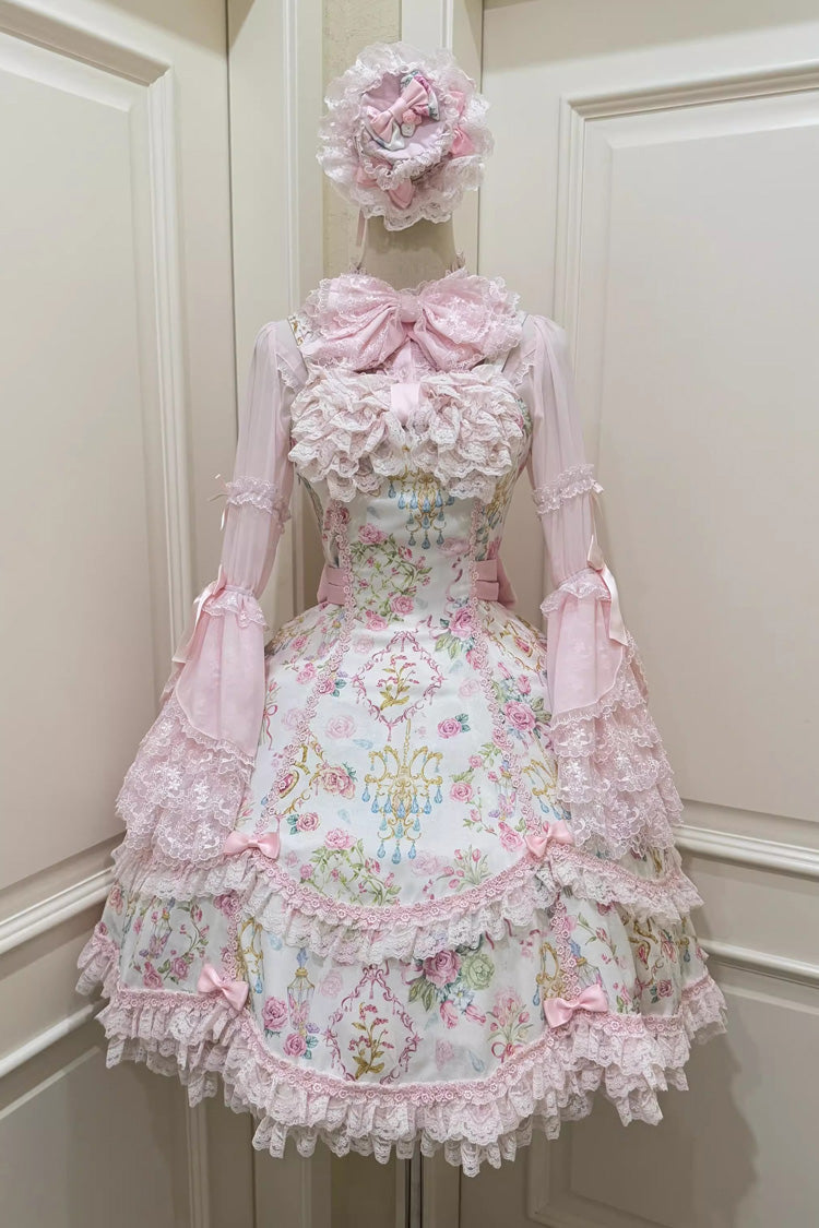 White/Pink Sleeveless Flower Wall Print Ruffle Bowknot Lace Sweet Lolita Jsk Dress