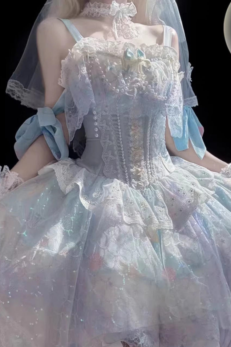 Sea Blue Mermaid's Tears Sleeveless Ombre Printed Hanayome Pearl-Decorated Sweet Lolita Jsk Dress Set