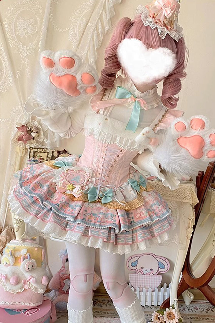 Pink Candy House Multi-Layered Print Ruffle Bowknot Lace-Up Sweet Ballet Lolita Jsk Dress