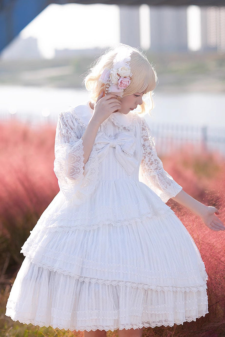 White Solid Color Tower of Dawn Bowknot Sleeveless Ruffle Sweet Lolita Dress
