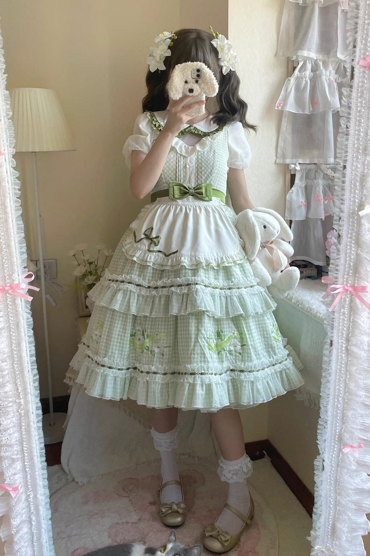 Green Doll Collar Short Sleeves Plaid Print Ruffle Hollow Embroidery Bowknot Sweet Elegant Lolita Dress