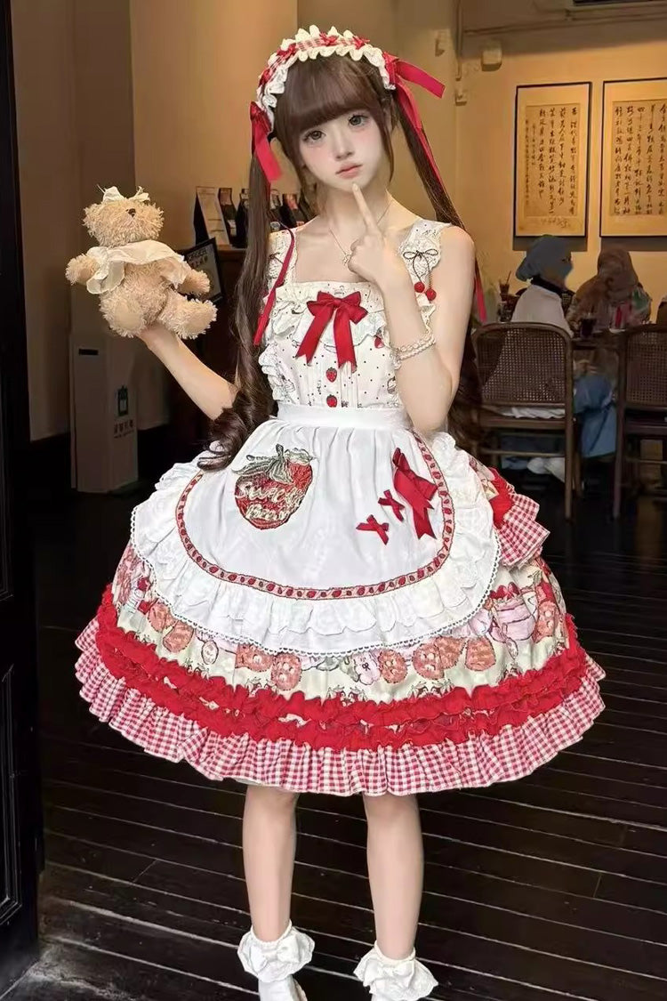 Red Strawberry Bear Sleeveless Double-Layered Print Ruffle Bowknot Sweet Princess Lolita Jsk Dress