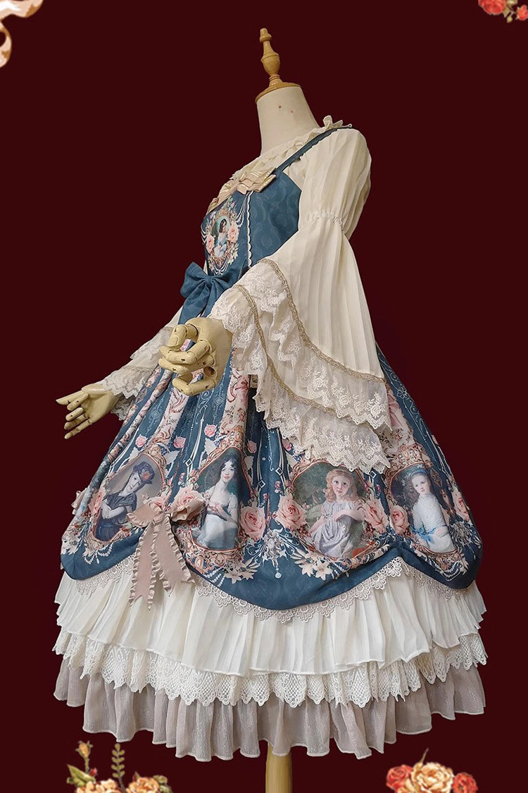 Portrait of A Little Lady Print Ruffle Bowknot Lace Classic Vintage Elegant Lolita Jsk Dress 3 Colors