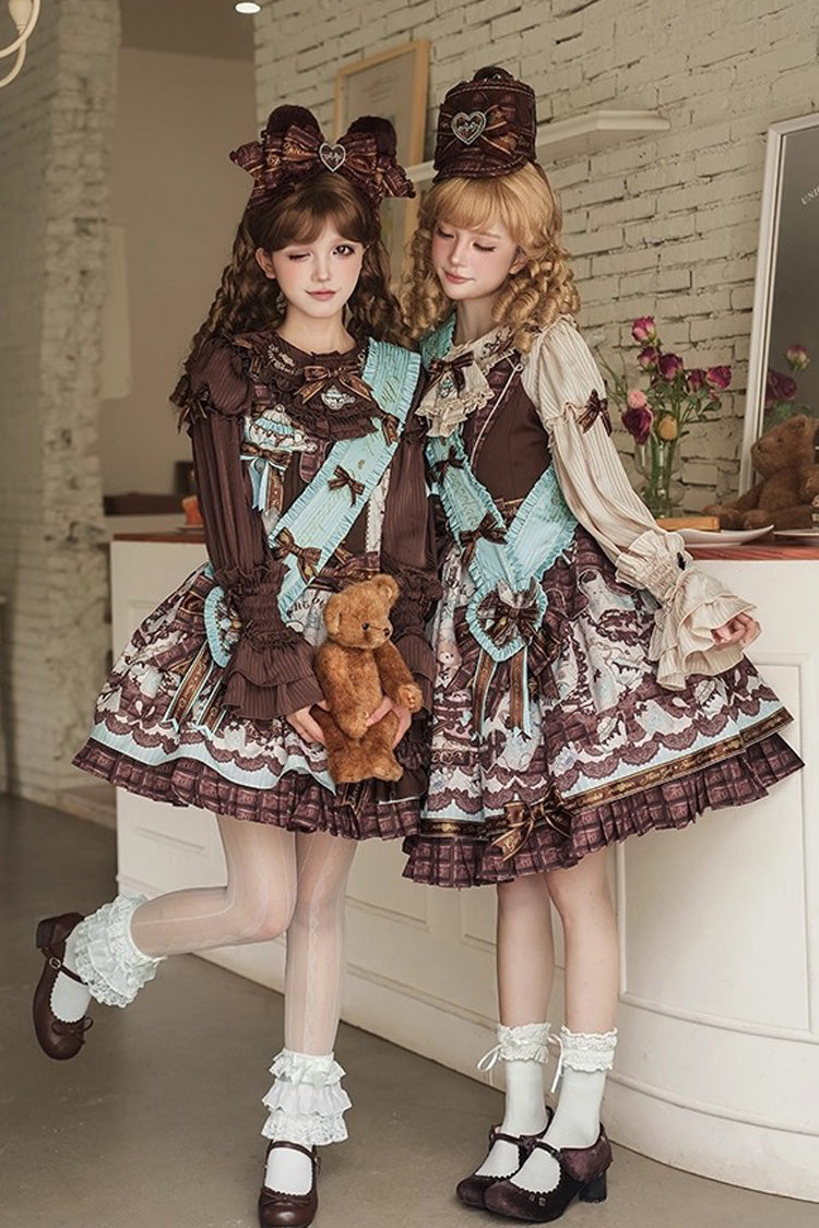 Brown Teddy Bear Chocolate Sleeveless Print Ruffle Side Cardigan Bowknot Asymmetric Sweet Lolita Strap Dress
