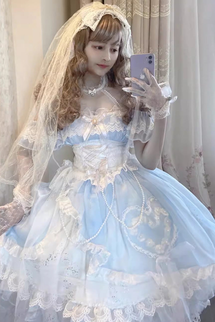 Blue/White The Little Mermaid Off Shoulder Halterneck Hanayome Bowknot Mesh Sweet Elegant Princess Lolita Dress
