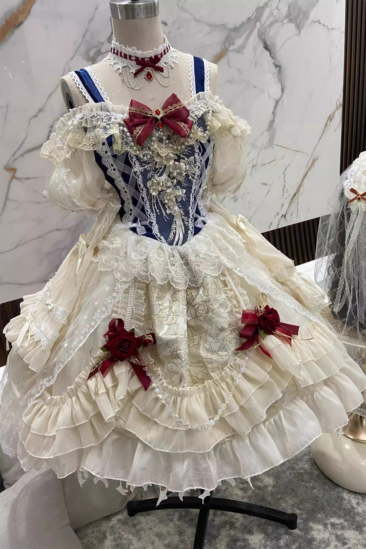 Blue/Ivory Snow White Off Shoulder Ruffle Cardigan Bowknot Lace Sweet Gorgeous Lolita Dress