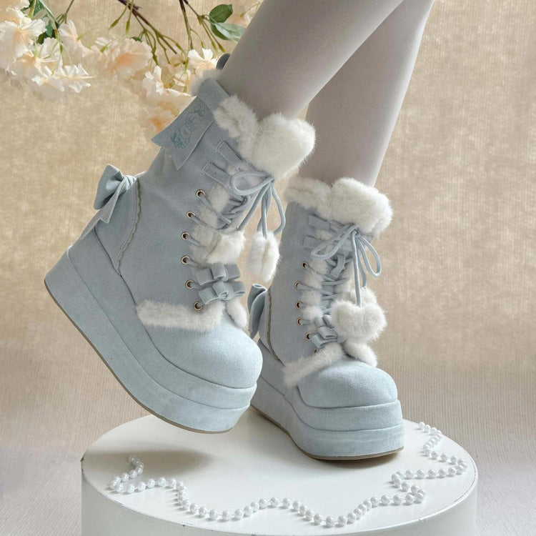 Blue Cute Platform Thick-Soled Bowknot Lace-Up Sweet Lolita Plush Boots