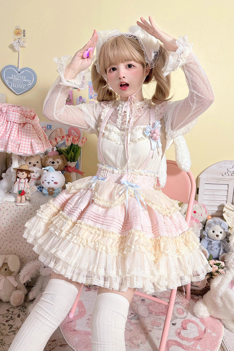 Grape Crunchies Sleeveless Multi-Layered Ruffled Bow Lace Sweet Lolita Strap Dress 2 Colors