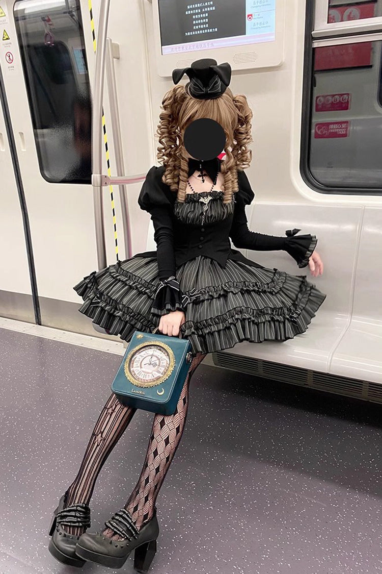 Black Duke of the Trap Rabbit Long Sleeves Stripe Print Ruffle Bowknot Lace Gothic Lolita Dress
