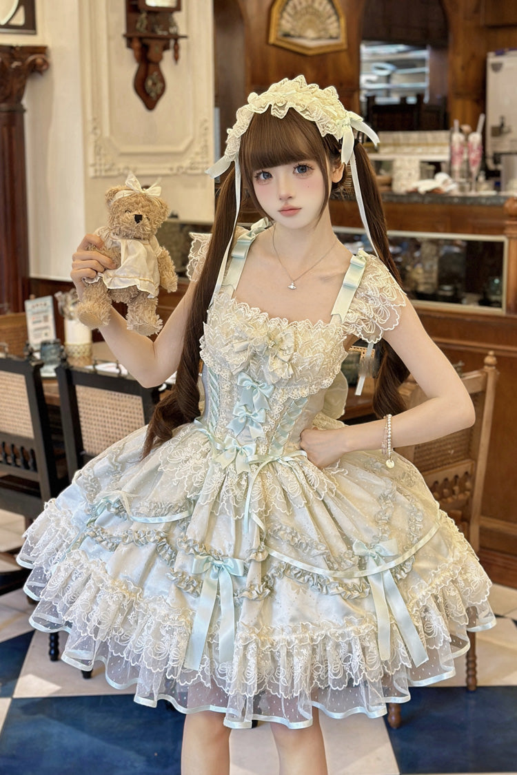 Light Green Dreaming Butterfly Multi-Layered Jacquard Ruffle Bowknot Lace Sweet Princess Lolita Jsk Dress
