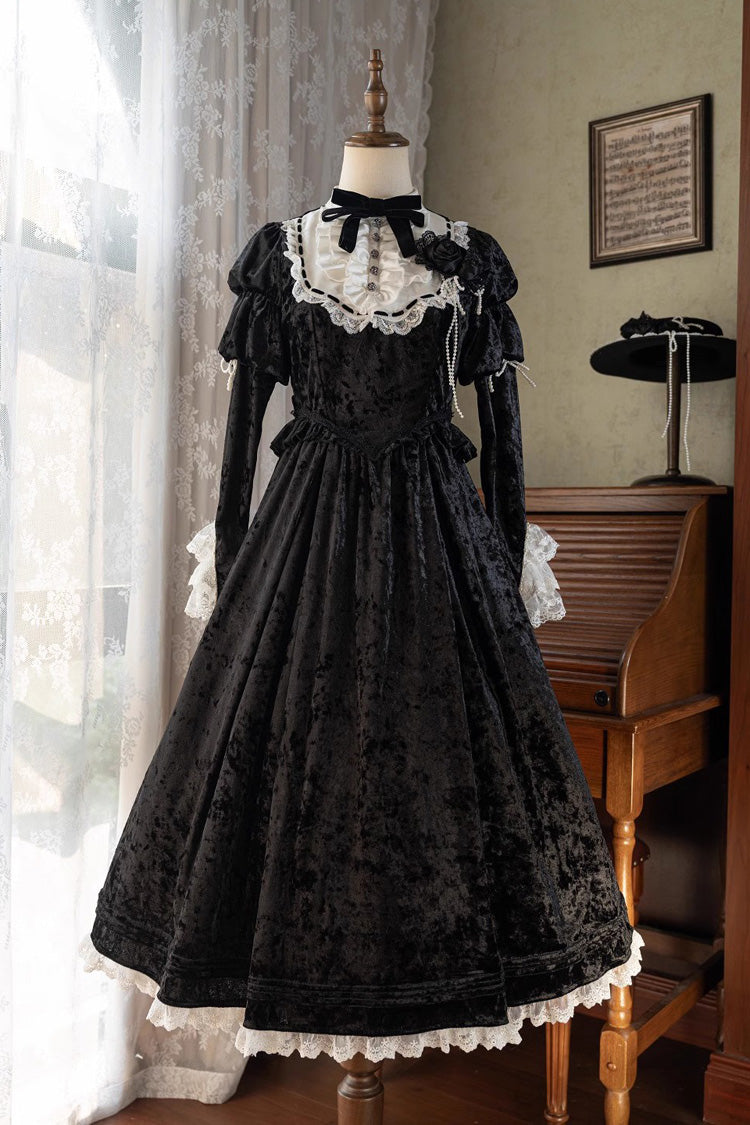 Black Whispering Castle Long Sleeves Ruffle Bowknot Lace Gothic Lolita Dress