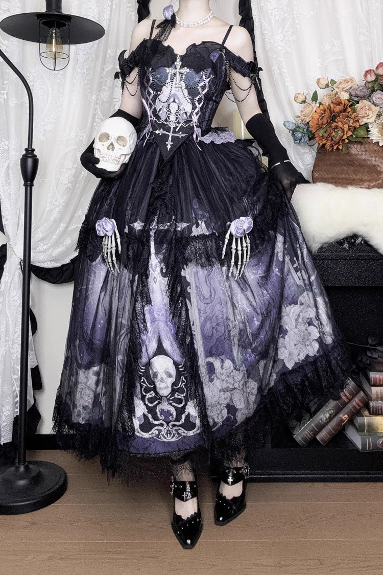 Black/Blue Skull Magic Print Ruffle Bowknot Gothic Elegant Lolita Skirt Two-Piece Set