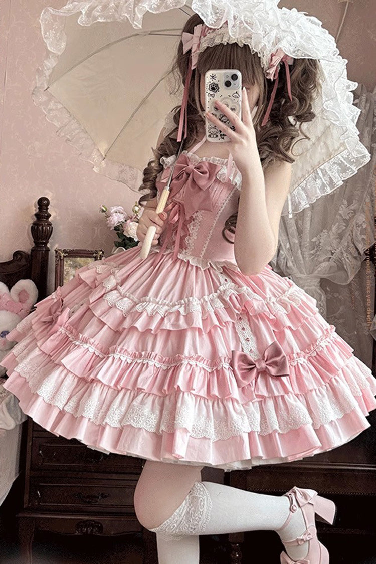 Pink Sleeveless Multi-Layered Ruffle Bowknot Lace-Up Sweet Lolita Tiered Dress