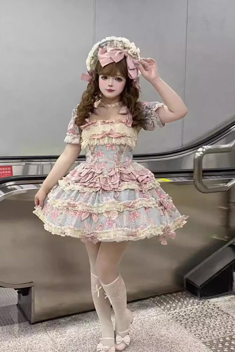 Blue/Pink Gem Rose Multi-Layered Ruffle Bowknot Lace Sweet Princess Lolita Skirt 2 Versions