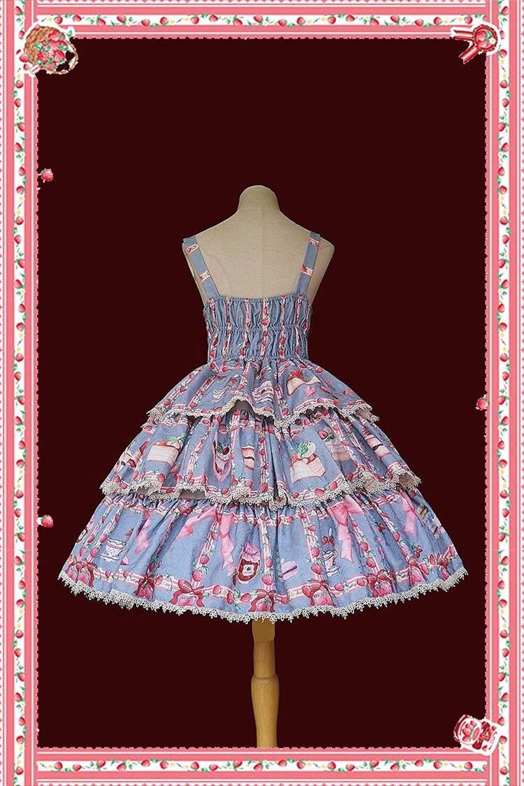 Strawberry Afternoon Tea Cake Ice Cream Print Bowknot Sleeveless Sweet Lolita Tiered Dress 3 Colors