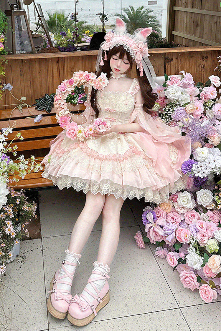 Pink Lyrics in the Midst of Flowers Ruffle Embroidery Bowknot Chinese Style Elegant Sweet Lolita Jsk Dress
