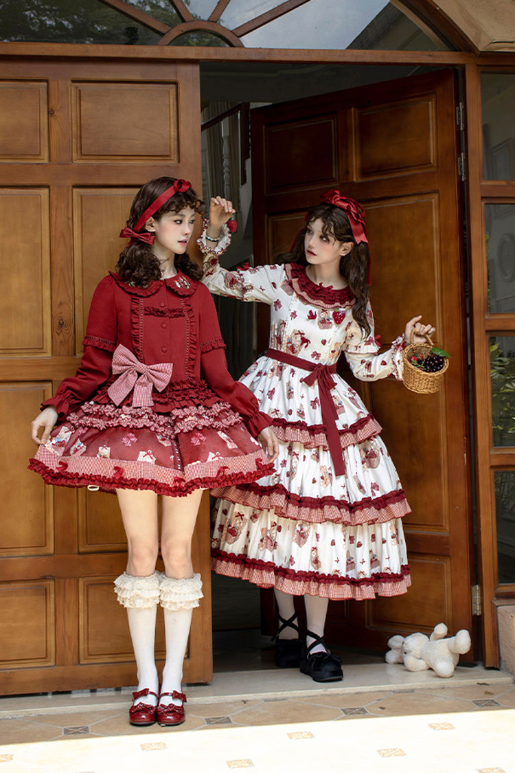 Red Bell Strawberry Farm Print Ruffle Embroidery Sweet Lolita Skirt