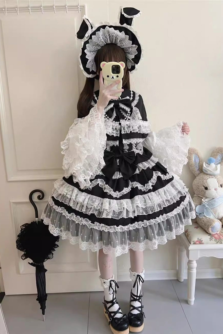 Black Love and Heart Flutter Sleeveless Multi-Layered Ruffle Bowknot Lace Pearl Sweet Lolita Jsk Dress