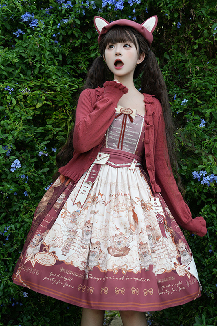 Wine Red Fox Band Print Square Collar Bowknot Classic Lolita Jumper Dress