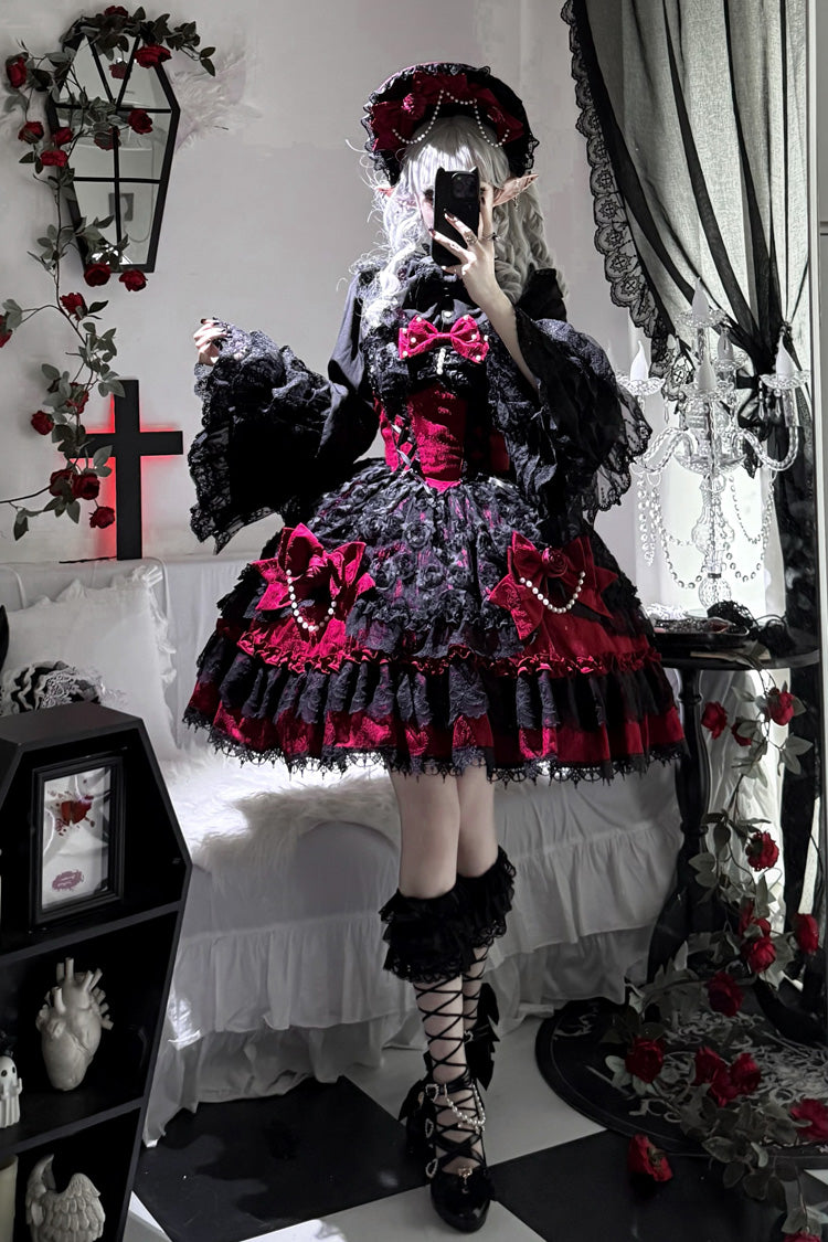 Black/Red Rose Princess Sleeveless Ruffle Bowknot Lace Lace-Up Gothic Ballet Lolita Jsk Dress