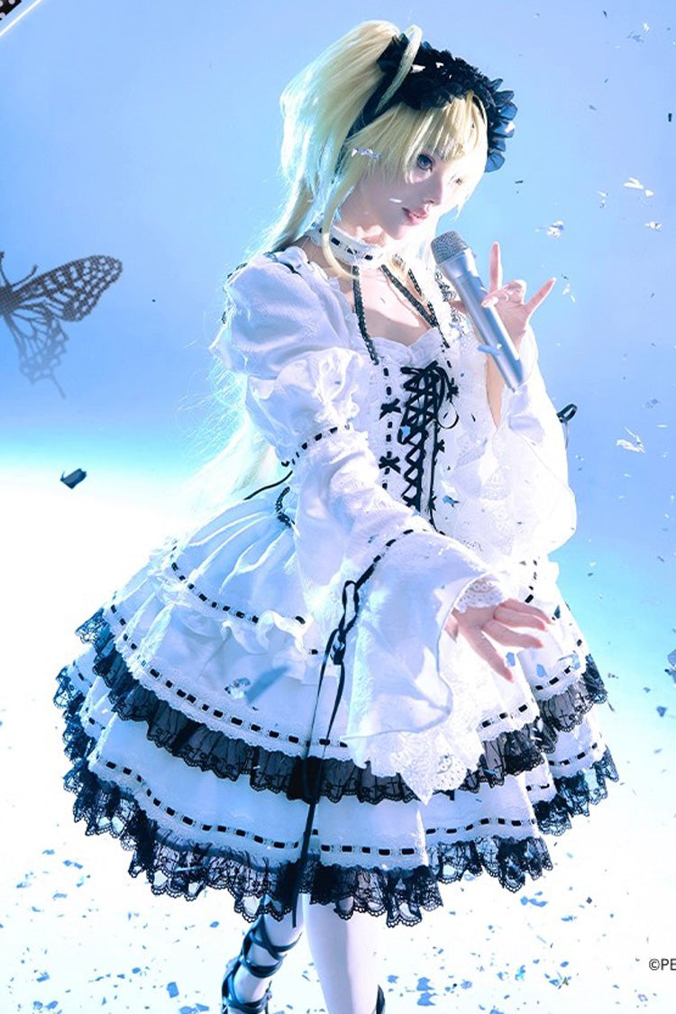 White Witch Long Trumpet Sleeves Double-Layered Ruffle Bowknot Lace-Up Gothic Lolita Skirt Dress Set