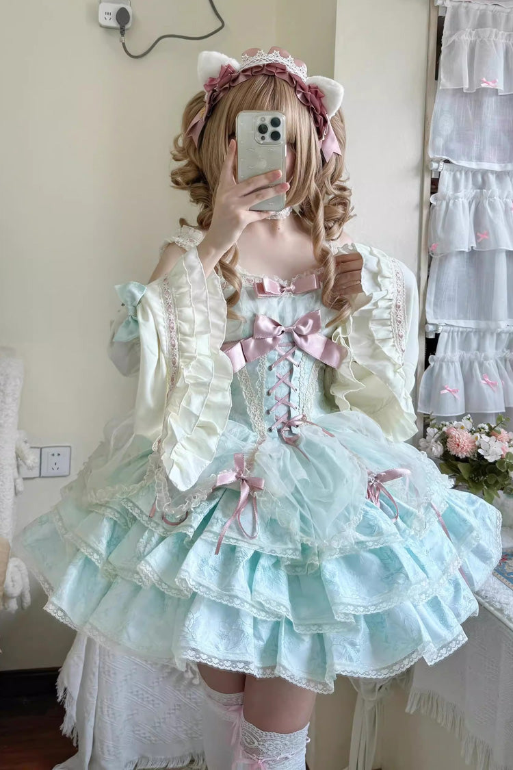 Green Sleeveless Multi-layer Ruffle Bowknot Lace-Up Sweet Princess Lolita Jsk Dress