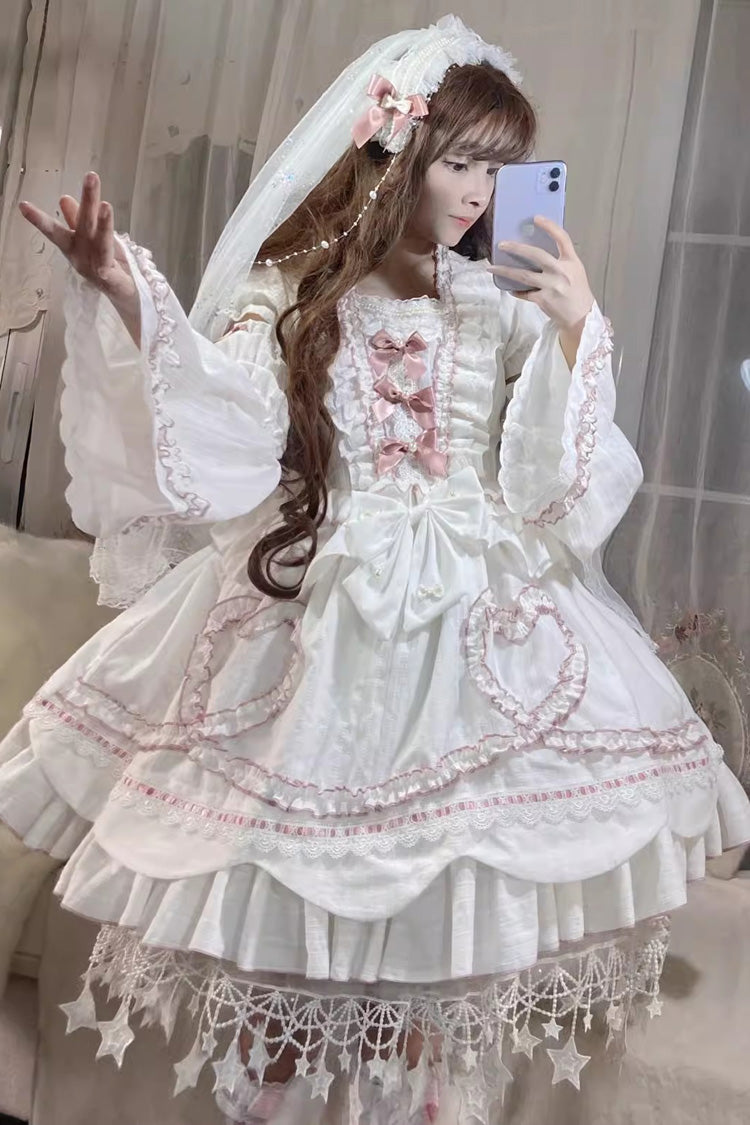 White Pure Love Story Hanayome Bowknot Stitching Ji Sleeves Sweet Lolita Dress