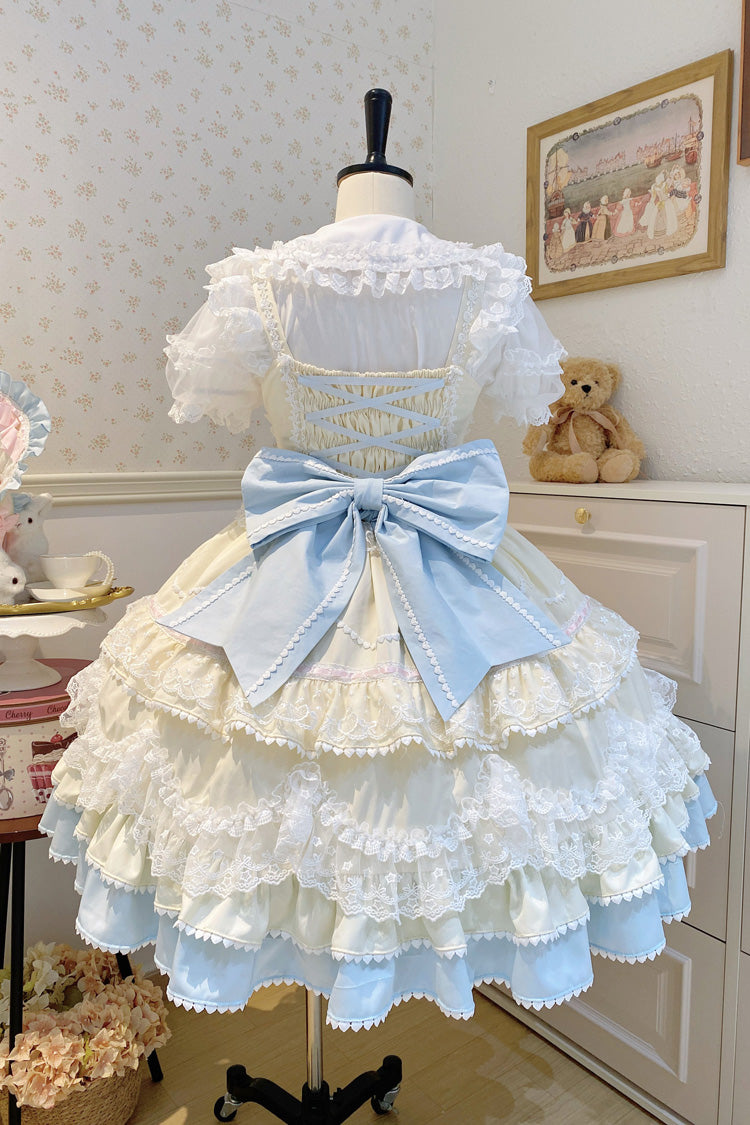 Yellow/Blue Fondant Cake Sleeveless Multi-Layered Ruffle Bowknot Lace Sweet Lolita Jsk Dress
