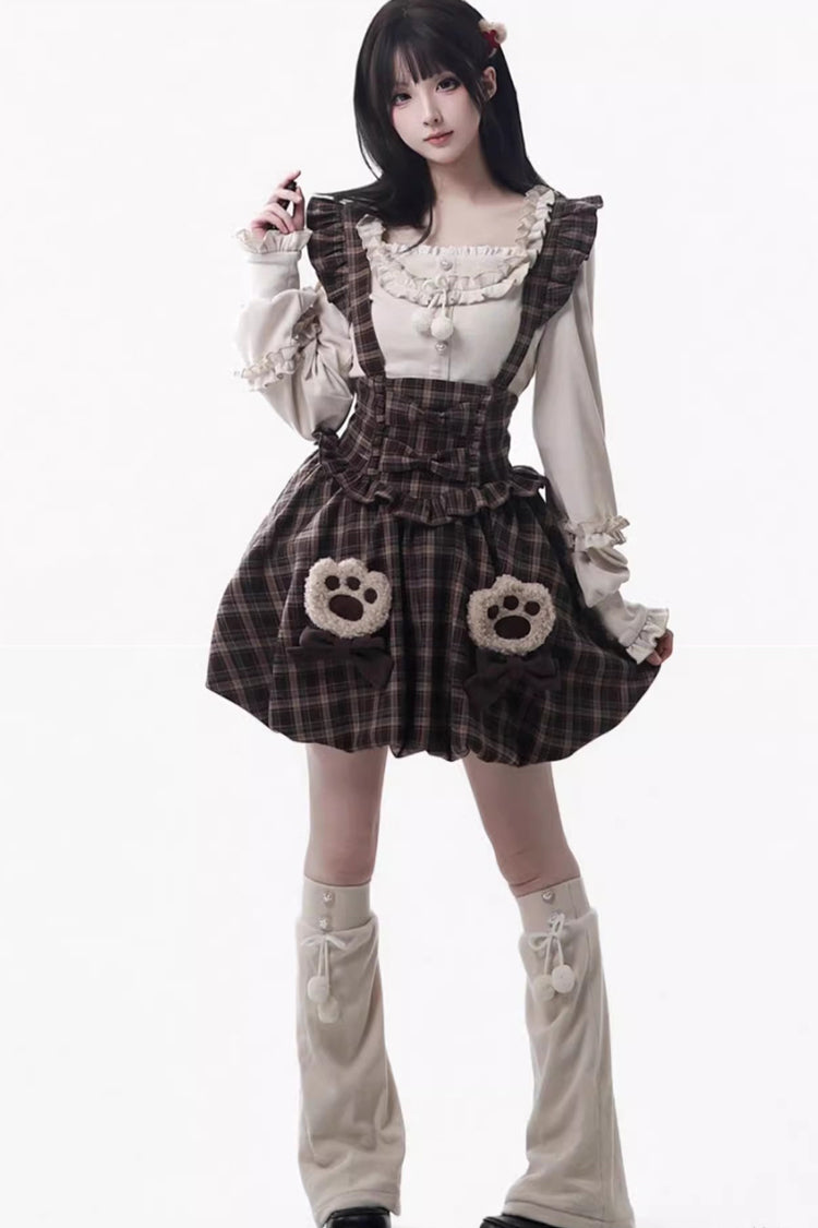 Brown Fluffy Little Bear Sleeveless Printed Ruffled Bow Sweet Lolita Strap Dress