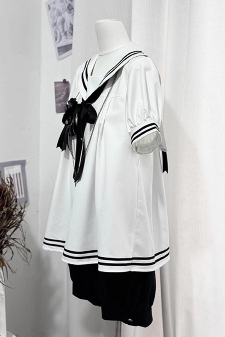 Black/White Old Stories Navy Collar Short Sleeves Bowknot Ouji Gothic Lolita Blouse Shorts Set