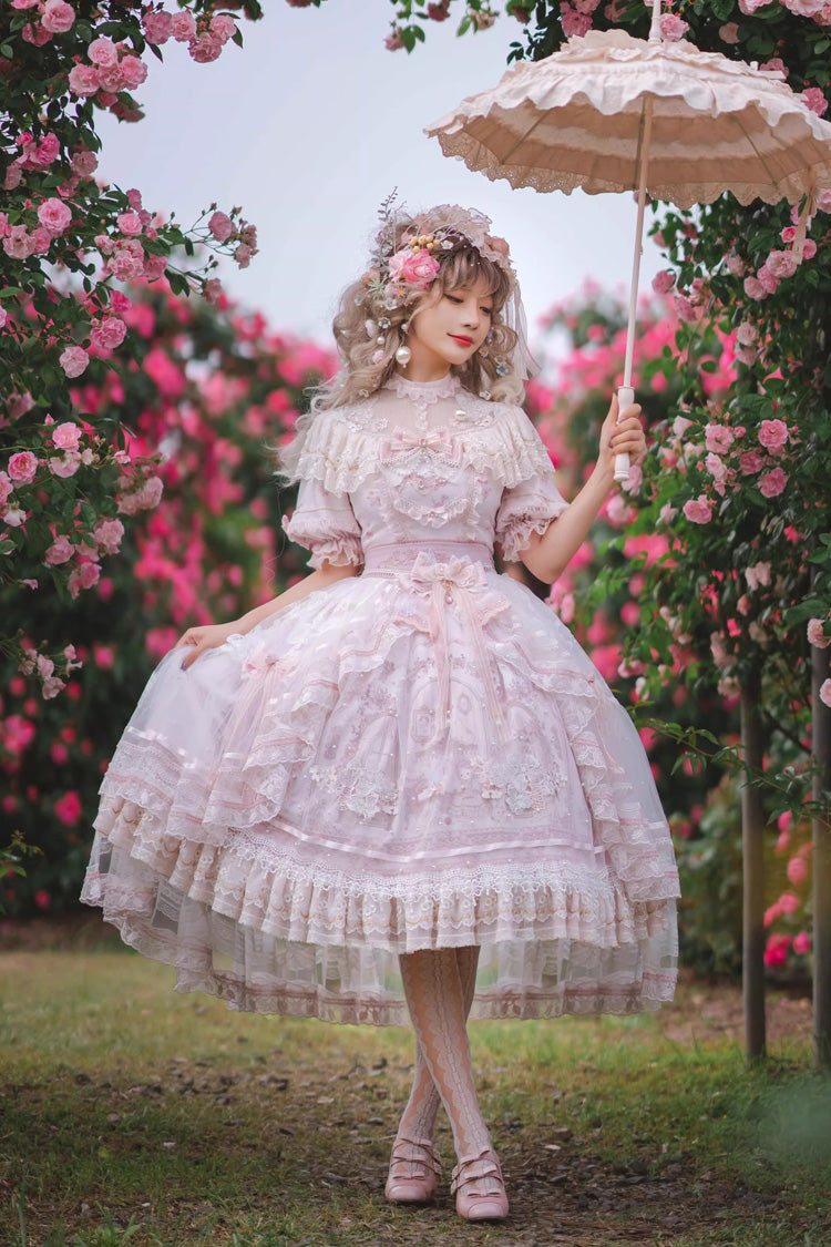 White/Pink Realm of Sunset Short Sleeves Printed Ruffled Hanayome Bow Lace Gorgeous Sweet Lolita Dress Set