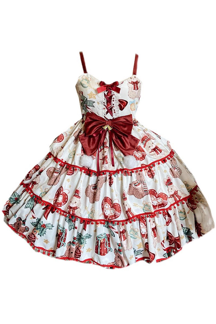 Red/White Christmas Bear Print Triple-Layered Ruffle Bowknot Sweet Princess Lolita Jsk Dress