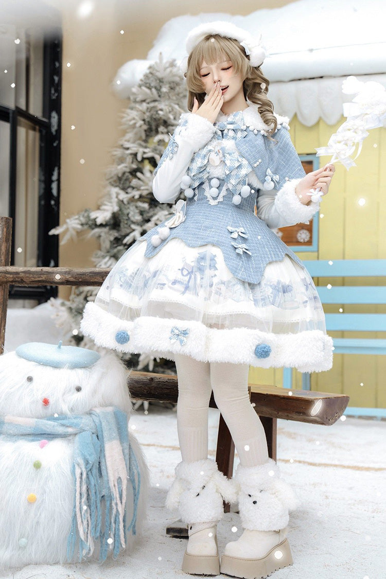 Light Blue Rolling Snowballs Printed Bow Sweet Lolita Jsk Dress Set